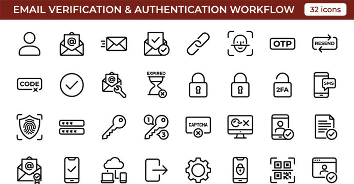 Email Verification and Authentication Workflow Outline Vector Icon Set with OTP Security Login and Identity Validation
