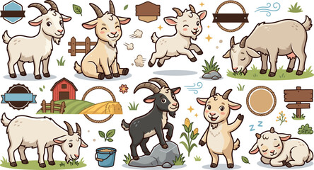 Fototapeta premium Cute cartoon goat character vector set with farm elements stickers badges labels icons isolated on white background