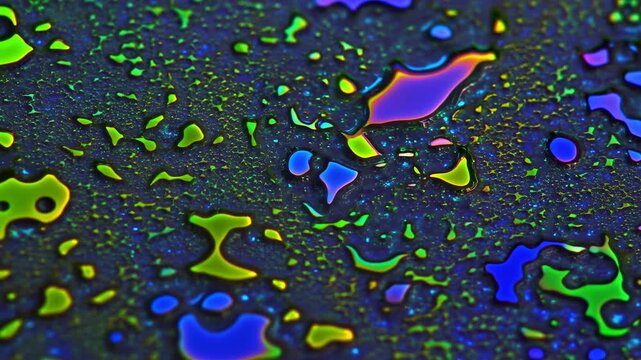 Colorful Oil Spheres. Reflective Oil Droplets Scattered Across Shadowy Surface In Vivid Colors