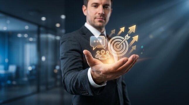 Targeted Growth and Success: A confident businessman in a sharp suit presents a glowing concept of business growth, featuring a target with upward arrows.