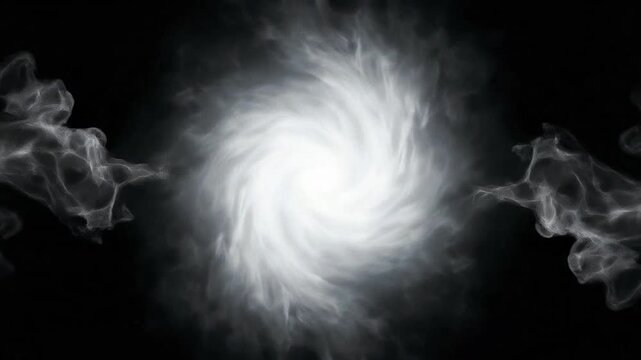 A bright white swirling vortex of smoke against a dark black background