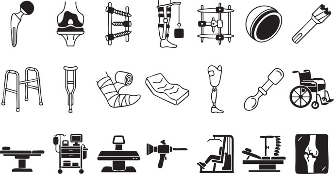 Orthopedic surgery and physical rehabilitation icons set with prosthetic limbs and surgical implants for bone fracture treatment and recovery mobility assistance