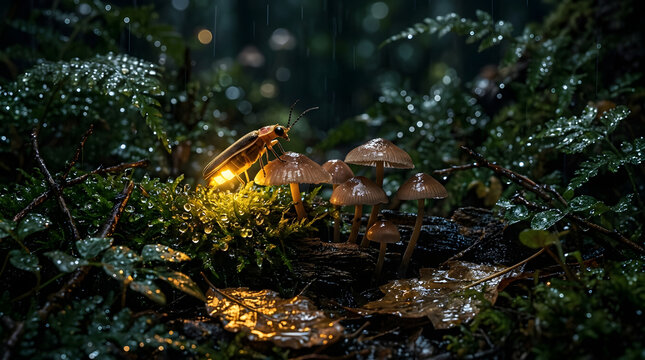 firefly lighting up mushrooms in rainy forest at night