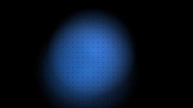 Blue halftone spheres with embedded matte drifting in dark space for tech marketing