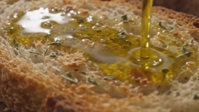 Golden olive oil drizzling onto fresh crusty sourdough bread slices in this cinematic food preparation video animation motion clip sequence