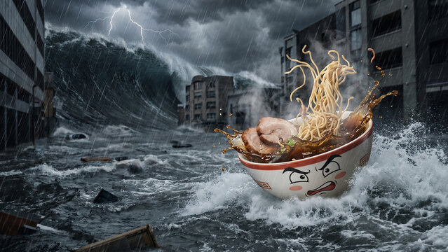 Surreal Ramen Bowl Floating Through Flooded Apocalyptic City with Lightning Storm and Cinematic Fantasy Atmosphere