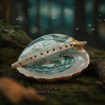 Ornate Mother of Pearl Seashell Flute with Ocean Wave Art on Mossy Forest Floor
