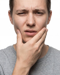 Fototapeta premium Man with hand on face looking stressed or in pain isolated on white background