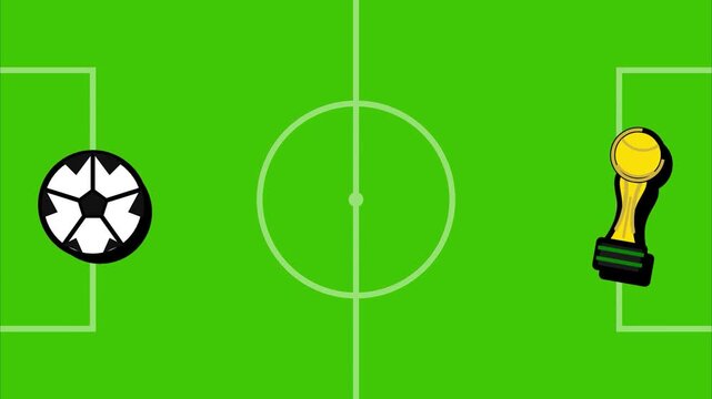 Soccer ball and golden trophy on field with copy space