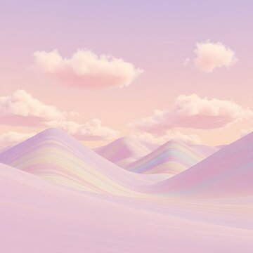 Soft pastel desert landscape with dreamy rolling dunes and fluffy clouds