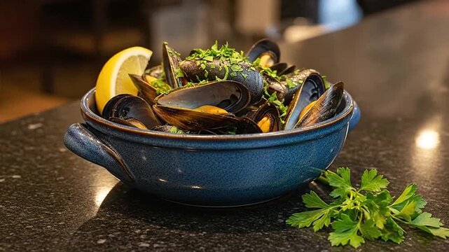 A blue ceramic bowl filled with fresh cooked mussels and a lemon wedge