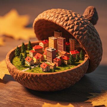 Tiny miniature city buildings inside an acorn shell on autumn wood table