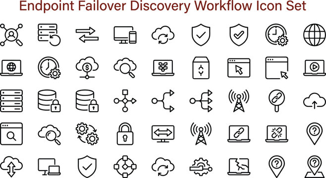 Endpoint Failover Discovery Workflow Outline Vector Icon Set for Service Continuity Network Monitoring and High Availability