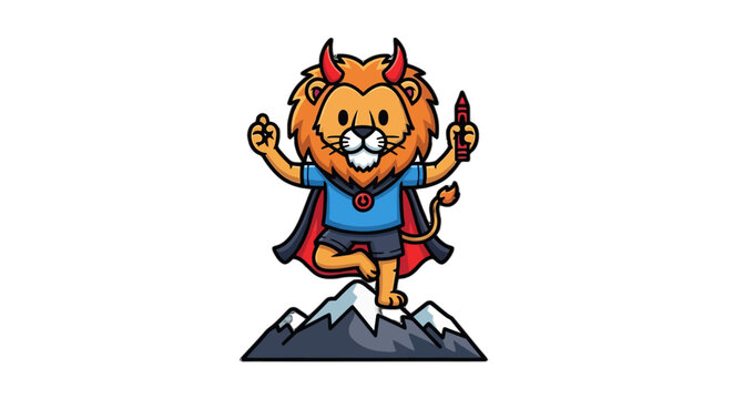 Cartoon Lion Character With Cape And Devil Horns Posing.
