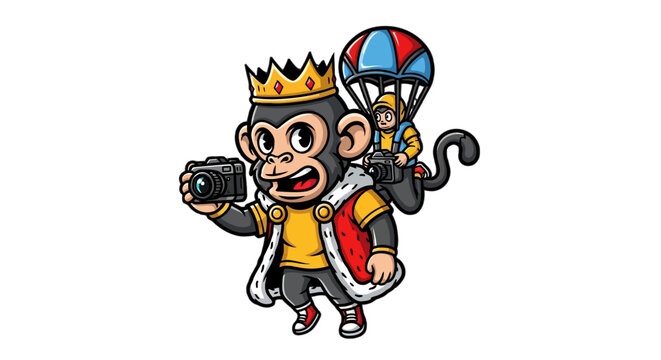 Cartoon Monkey King Holding Camera and Balloons.