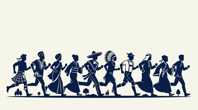 Diverse group of people running in cultural attire