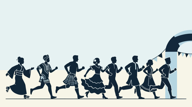 Diverse runners in traditional attire at a festive event