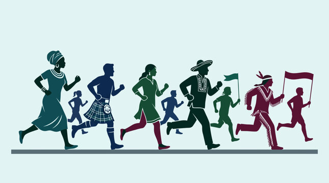 Diverse runners in traditional attire race forward