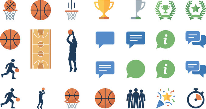 Basketball Tournament and Sports Championship Vector Icon Set with Court Players Trophies Timers and Communication Symbols for Website and Mobile App Designs