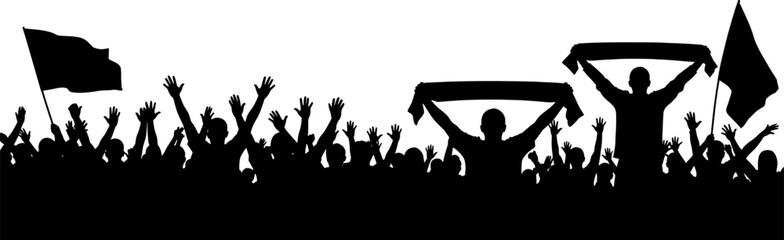 Silhouette of a crowd of cheering sports fans holding flags and scarves © Flatryx