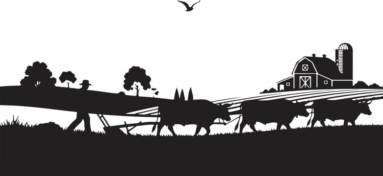 Black silhouette of oxen plowing field with farm and trees
