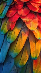 Obraz premium Macro shot of colorful macaw feathers with vibrant red, yellow, blue, and green hues.