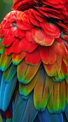 Obraz premium Close-up of vibrant scarlet macaw feathers displaying a spectrum of red, green, yellow, and blue.