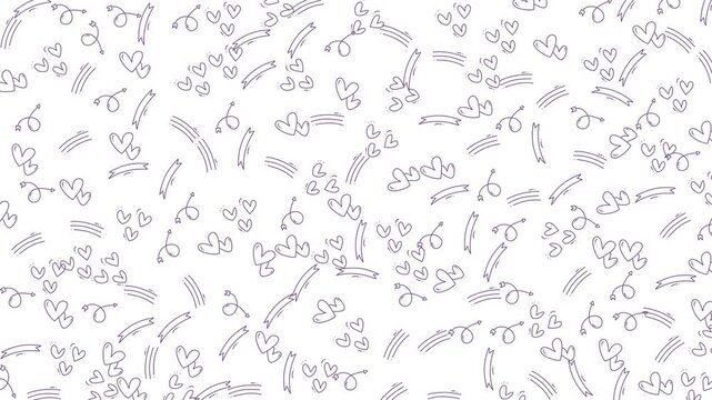 A seamless looping animation featuring whimsical hand-drawn purple hearts, arrows, and swirls against a clean white background. Perfect for romantic, playful, or artistic projects, adding a charming