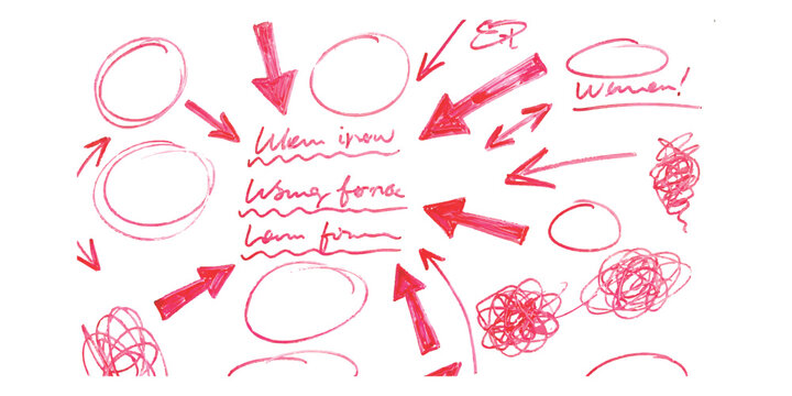 Set of hand drawn red arrows circles and scribbles for design highlighting and annotations