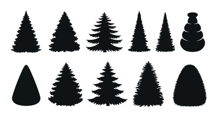 Obraz premium Diverse Collection of Evergreen Tree Silhouettes for Winter Holiday Decorations and Nature-Inspired Vector Designs