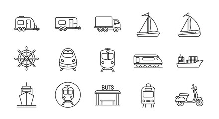 Fototapeta premium A diverse collection of outline vehicle icons representing various modes of transport for travel, adventure, and urban mobility concepts, perfect for journey-themed designs