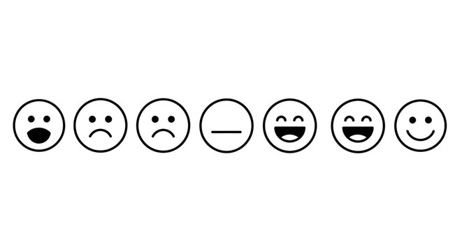 Graphic representation of a feedback scale using expressive emoticons, illustrating a full range of sentiment from very happy to very sad for user experience surveys and satisfaction metrics