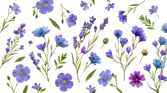 Vibrant assortment of purple and blue spring flowers, including flax and lavender, arranged beautifully on transparent.