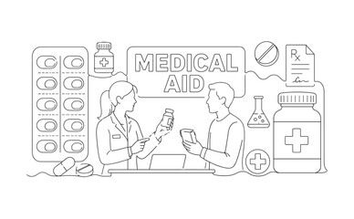 Fototapeta premium Modern Pills Medicine. Banner composition with 1 pharmacist and 1 patient selecting medication across the full wide canvas, one oversized capsule blister and one oversized tablet bottle reaching