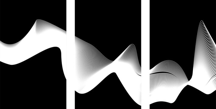 Minimalist monochrome abstract waves in three vertical panels with abstract triptych monochrome minimalist background