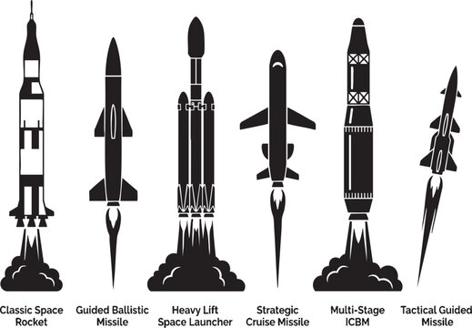 Military and space rocket silhouettes ballistic cruise icbm and space launch vehicle designs