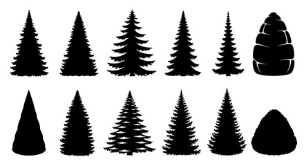 Obraz premium Collection of Black Silhouette Christmas Trees and Pine Cones displayed in a grid for graphic design and festive decoration