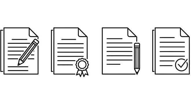 Document icons collection including blank pages, signed documents, and approval seals, representing legal agreements and official paperwork
