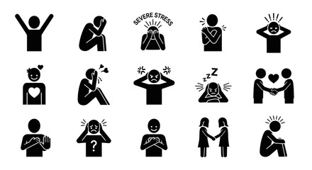Obraz premium Exploring the spectrum of human emotions A versatile icon set depicting states from joyful connection and friendship to profound stress, anxiety, sadness, and mental health struggles