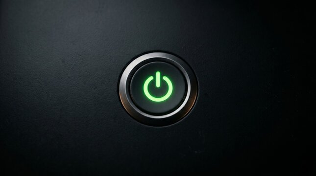 Power Button Glow: A close-up view of a power button with a vibrant green light, symbolizing activation, technology, and the start of something new.