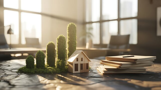 Small house model with green plants on a desk in an office with a stack of papers  eco friendly home concept