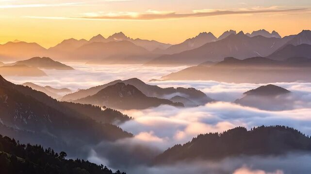 Beautiful mountain range with clouds at sunset, scenic landscape view
