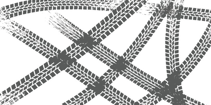 Black tire tracks pattern with crossing lines for car and automotive racing design concepts