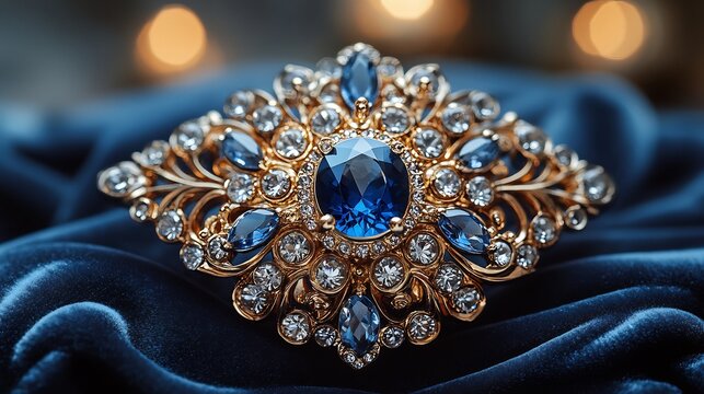 Elegant vintage brooch with intricate filigree and a central sapphire stone pinned on a velvet evening gown set against a soft lit ballroom background with chandeliers