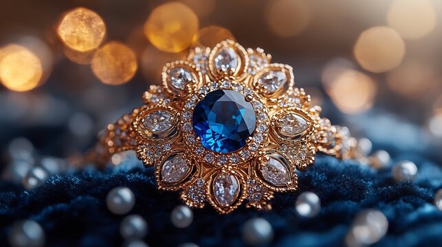 Elegant vintage brooch with intricate filigree and a central sapphire stone pinned on a velvet evening gown set against a soft lit ballroom background with chandeliers