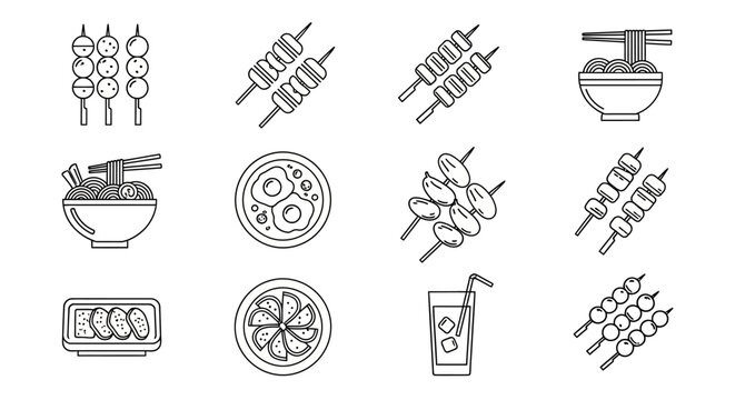 Line art icon set of popular Asian cuisine various skewers, ramen, dumplings, and drinks. Ideal for menus, applications, and digital design projects showcasing food
