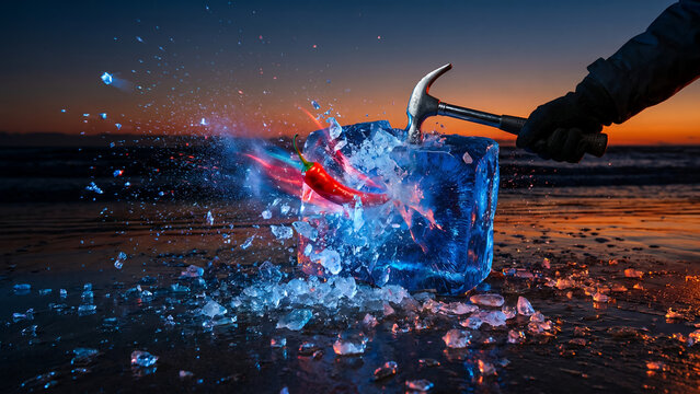 Hand smashing ice block with hammer releasing red fruit splash on beach at dramatic sunset