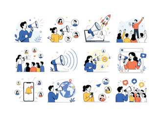Fototapeta premium Megaphone Announcement Promotion. Marketing and announcement concepts. 12 minimalist editorial vector scenes: person shouting through megaphone, spreading news message, advertising campaign launch,