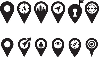 Black map pin icons set navigation location points of interest travel destinations and geographic markers © Umme