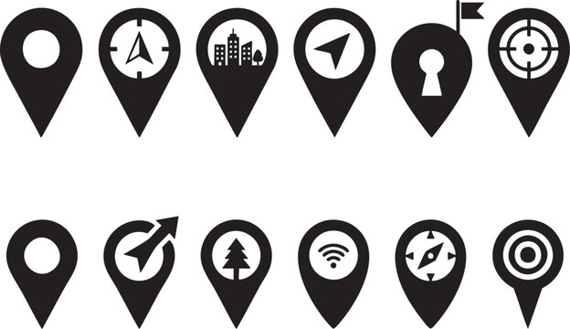 Black map pin icons set navigation location points of interest travel destinations and geographic markers